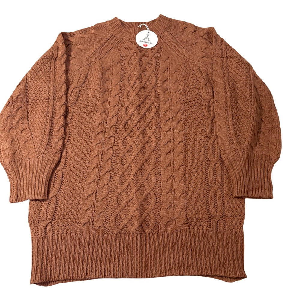 Anrabess Rust Brown Cable Knit Sweater Dress Long Sleeve Crew Neck Oversized S